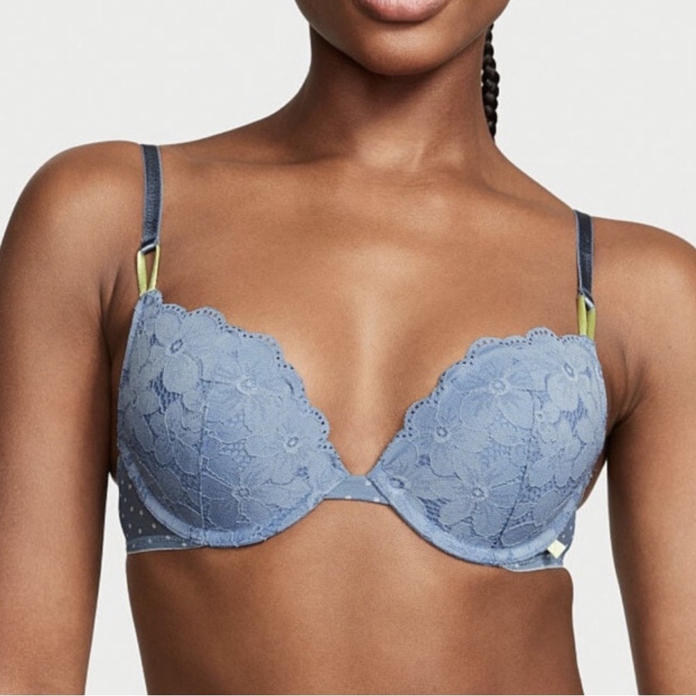 Victoria's Secret 38D Sexy Tee Lace Push Up Underwire Bra Faded Denim Blue